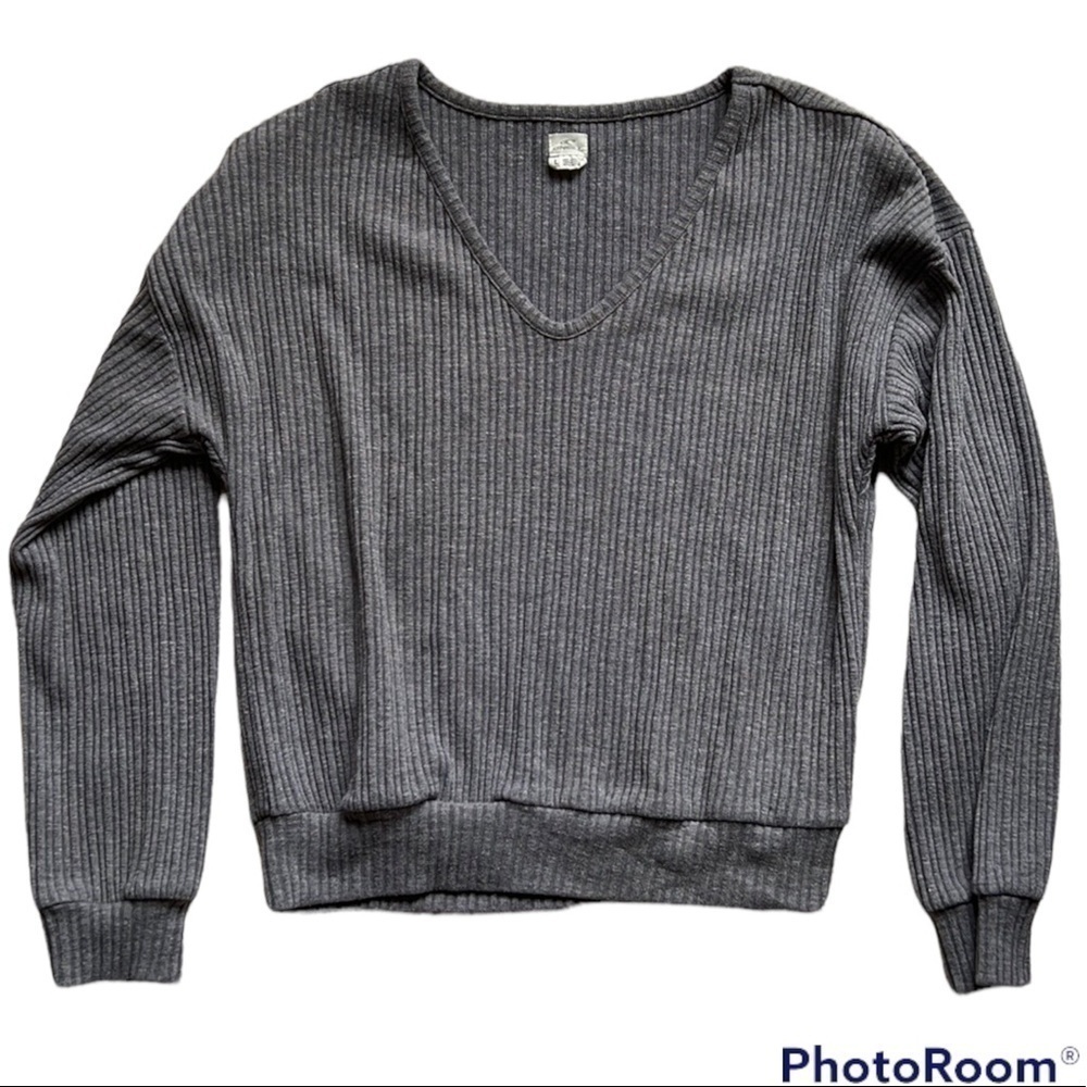 O’NEILL Grey Ribbed V Neck Sweater Size Large
